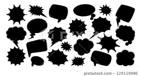 Grunge comic speech bubbles with brush strokes, ink smudges, acrylic stains or charcoal streaks. Hand drawn retro cartoon stickers. Chatting, message box. Vector illustration Grunge comic speech bubbles with brush strokes, ink smudges, acrylic stains or charcoal streaks. Hand drawn retro cartoon stickers. Chatting, message box. Vector illustration 129119996