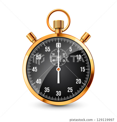 Realistic classic stopwatch. Shiny golden metal chronometer, time counter with dial. Countdown timer showing minutes and seconds. Time measurement for sport, start, finish. Vector illustration 129119997