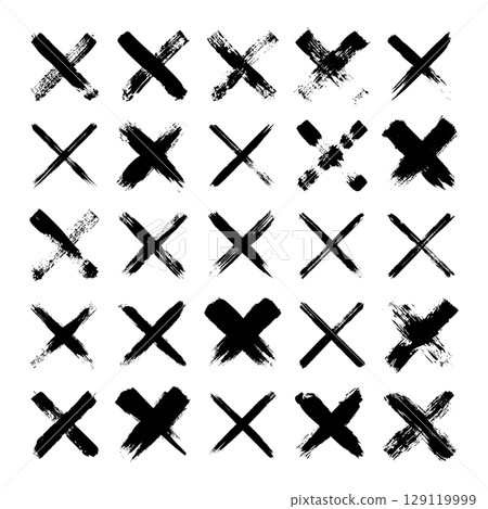 Grunge crosses, brush strokes, x mark, lines, ink smudges, hand-drawn scribble shapes. Handmade sketchy marks, acrylic stains, charcoal streaks. Paint textures, dry brush effect. Vector illustration Grunge crosses, brush strokes, x mark, lines, ink smudges, hand-drawn scribble shapes. Handmade sketchy marks, acrylic stains, charcoal streaks. Paint textures, dry brush effect. Vector illustration 129119999