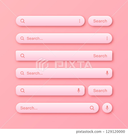 Colorful 3d search bar templates. Internet browser engine with search box, address bar and text field. UI design, website interface element with web icons and push button. Vector illustration 129120000