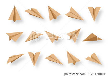 Realistic handmade paper planes collection on transparent background. Origami aircraft in flat style. Vector illustration. 129120001