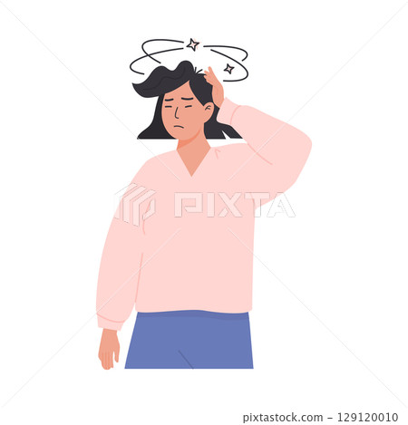 Young woman feeling dizzy and holding her head with a distressed expression. Symptoms of vertigo or anemia. Flat Style Vector Illustration isolated on white background. 129120010