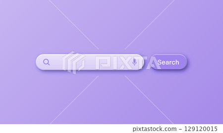 Colorful 3d search bar template. Internet browser engine with search box, address bar and text field. UI design, website interface element with web icons and push button. Vector illustration 129120015