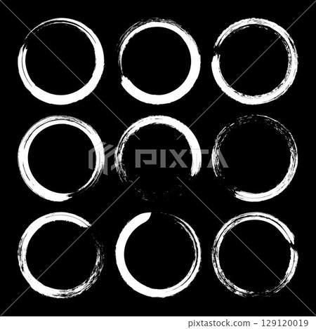 Grunge circles, brush strokes, lines, ink smudges, hand-drawn scribble shapes. Handmade sketchy marks, acrylic stains, charcoal streaks. Paint textures, dry brush effect. Vector illustration 129120019