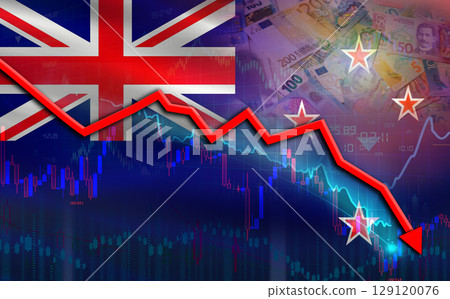 New Zealand financial fall on economy market. New Zealand financial crisis on economic graph 129120076
