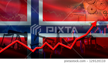 Oil pumps with Norway flag. Oil production with Norway flag, petrol industry 129120110