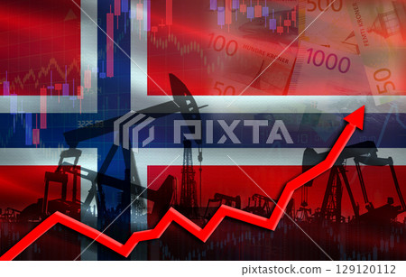 Oil production with Norway flag, petrol industry. Oil pumps with Norway flag 129120112