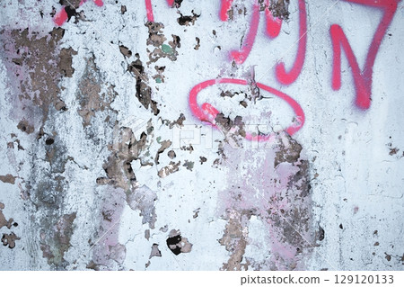 Peeling Plaster Wall with Pink Graffiti for Urban Grunge 90s Aesthetic 129120133