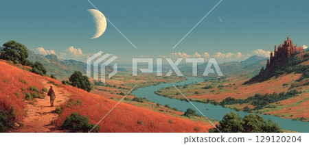Scenic landscape with river and mountains at dusk 129120204