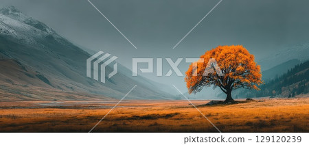 Single orange tree in a misty valley landscape 129120239