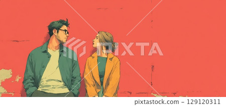 Couple sharing a moment against a vibrant wall 129120311