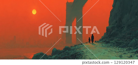 Couple walks along shore at sunset near bridge Couple walks along shore at sunset near bridge 129120347