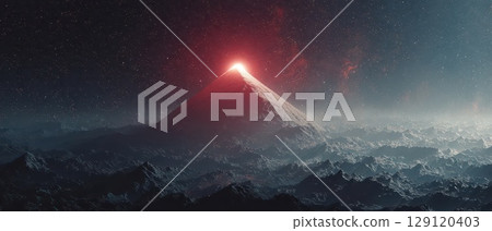 Majestic volcano erupts under night sky with stars 129120403