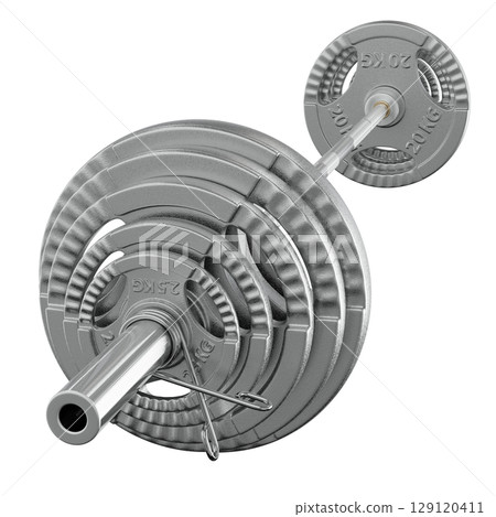Cast Iron Olympic Adjustable Barbell with plates, weightlifting gym equipment, side view Cast Iron Olympic Adjustable Barbell with plates, weightlifting gym equipment, side view 129120411
