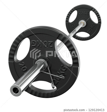 Cast Iron Olympic Adjustable Barbell with 20kg or 44lb plates, weightlifting gym equipment, side view Cast Iron Olympic Adjustable Barbell with 20kg or 44lb plates, weightlifting gym equipment, side view 129120413