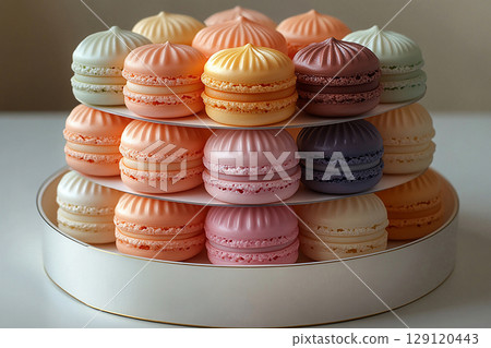 Pastel colored macaron tower in plate with soft lighting. 129120443