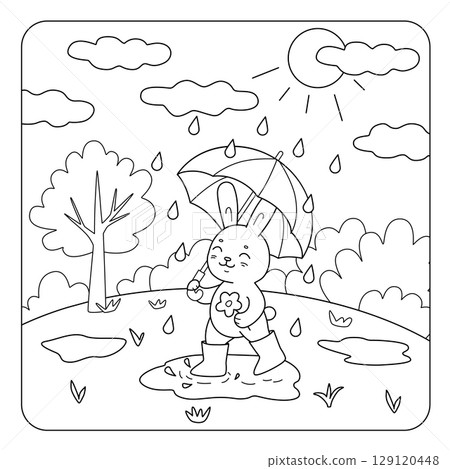 Cute cheerful bunny in boots and carrying an umbrella walks through puddles. Childrens coloring book with animal with simple lines. Vector illustration for kids. 129120448