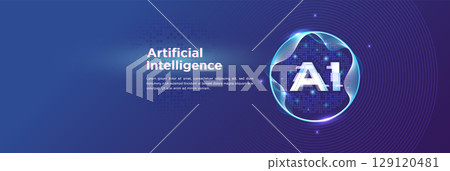 Artificial Intelligence Digital Wave with AI Typography and Glowing Data Sphere 129120481