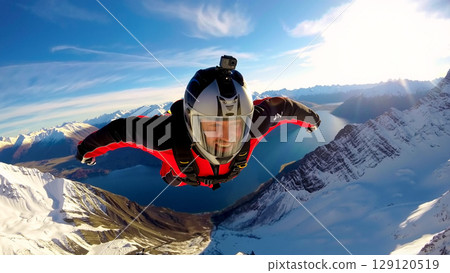 Skydiver Performs a Breathtaking Wingsuit Dive Over Snowy Mountains and a Calm Lake During a Sunny Day 129120519