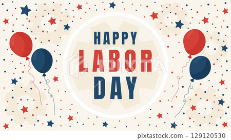 Happy Labor Day Poster with Balloons and Gears in Minimal Flat Style. Happy Labor Day Poster with Balloons and Gears in Minimal Flat Style. 129120530