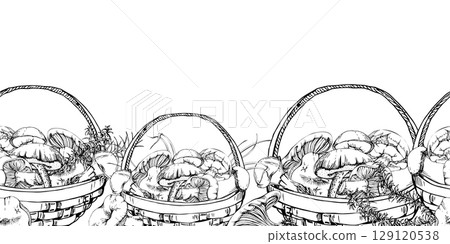 Baskets full of picked mushrooms, autumn forest harvest of bolete russula webcap milk-cap fungi with horsetail plant stalks, grass blades. Seamless banner header wrapper hand drawn in vector ink. Baskets full of picked mushrooms, autumn forest harvest of bolete russula webcap milk-cap fungi with horsetail plant stalks, grass blades. Seamless banner header wrapper hand drawn in vector ink. 129120538