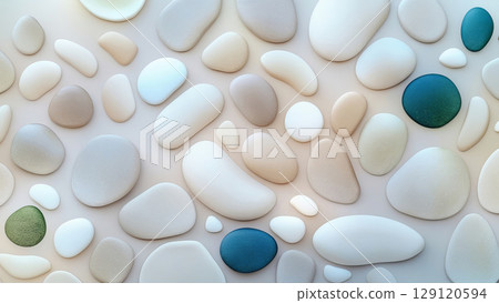 A visually soothing arrangement of various smooth pebbles in soft pastel shades. A visually soothing arrangement of various smooth pebbles in soft pastel shades. 129120594