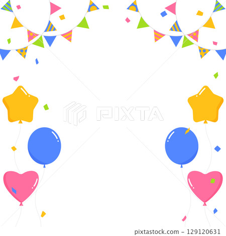 Garland, balloons, and confetti decoration frame, square size Garland, balloons, and confetti decoration frame, square size 129120631