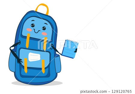 A cheerful blue backpack character stands with a notepad in hand, showcasing a fun and friendly representation of school life 129120765