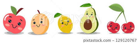 Cheerful fruits including an apple, peach, lemon, avocado, and cherries with smiling faces are happily placed in a vibrant arrangement, creating a joyful atmosphere Cheerful fruits including an apple, peach, lemon, avocado, and cherries with smiling faces are happily placed in a vibrant arrangement, creating a joyful atmosphere 129120767