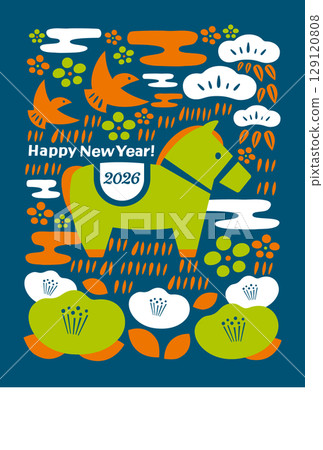 簡單2026年北歐風格日式現代可愛時尚新年賀卡_馬和日式裝飾_藍色 129120808