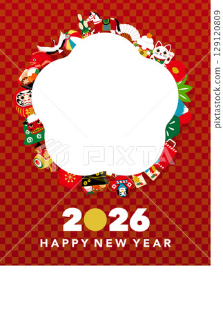 2026年馬年 色彩繽紛、流行的馬匹和吉祥物的圖案,非常適合新年和新年賀卡。日式圖案背景插圖框架。 2026年馬年 色彩繽紛、流行的馬匹和吉祥物的圖案,非常適合新年和新年賀卡。日式圖案背景插圖框架。 129120809