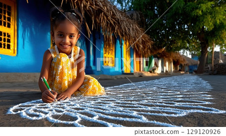 A smiling Indian girl drawing a Rangoli on the street to celebrate Indian Independence Day. 129120926