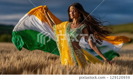 Indian woman celebrates Independence Day with the Indian flag in a wheat field. 129120939