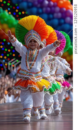 Kids in vibrant costumes joyfully perform on Indian Independence Day 129120958