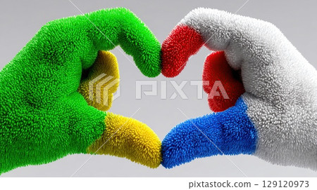 Hands shaped into a heart, displaying the vibrant colors of the Indian flag in a show of love and unity. 129120973