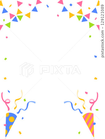 Confetti, garland and party cracker decoration frame, portrait orientation 129121089
