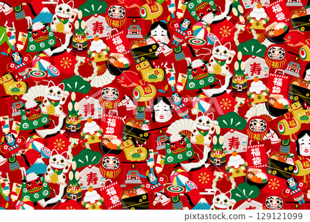 2026 馬年 色彩繽紛、流行的日本馬匹圖案背景和吉祥物品非常適合新年和新年賀卡 2026 馬年 色彩繽紛、流行的日本馬匹圖案背景和吉祥物品非常適合新年和新年賀卡 129121099