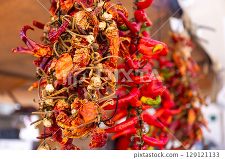 Dried red chili peppers as decoration, Majorca, Mallorca, Balearic Islands, Spain, Europe 129121133