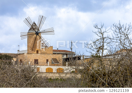 Old cereal windmill in the town of Sineu, Majorca, Mallorca, Balearic Islands, Spain, Europe 129121139