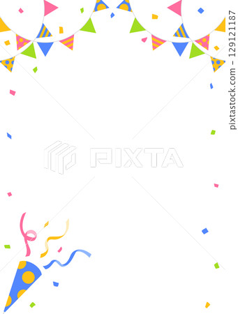 Confetti, garland and party cracker decoration frame, portrait orientation 129121187