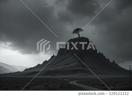 Lonely Tree on a Hill Under a Stormy Sky 129121212