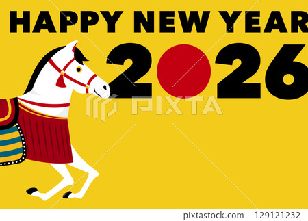 2026 年馬年新年賀卡 - 簡約時尚的橫向設計，以現代日本馬為特色 129121232