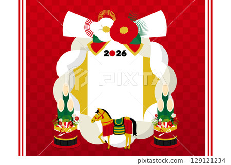 2026 年新年的日式馬背景框架。現代日本馬的簡約時尚的橫向設計，非常適合廣告。 129121234