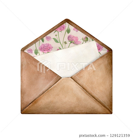 Hand painted watercolor craft envelope with letter. Good for postcards, invitations, greeting cards, wallpaper, textiles Hand painted watercolor craft envelope with letter. Good for postcards, invitations, greeting cards, wallpaper, textiles 129121359