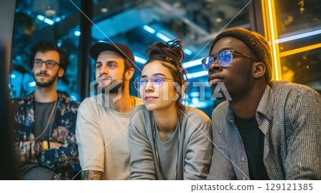 An interesting group is watching an event in a modern cafe 129121385