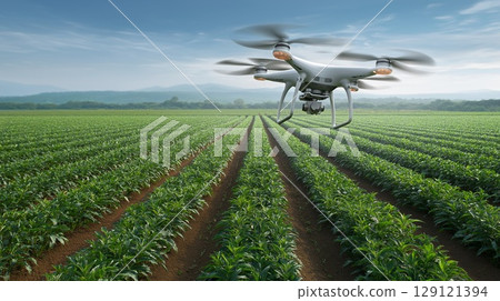 Drone flying over a crop field 129121394