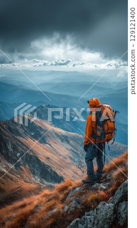 Adventurous traveler with a view of a majestic mountain range 129121400