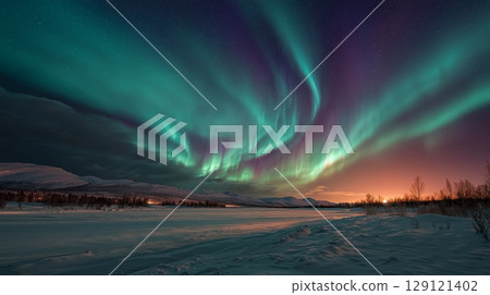 Stunning northern lights over a snowy winter landscape 129121402