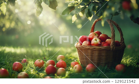 A basket filled with red apples in autumn orchard. 129121542