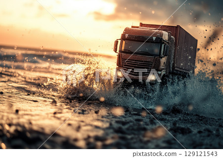 A container truck with water splash, showcasing transportation dynamics. 129121543